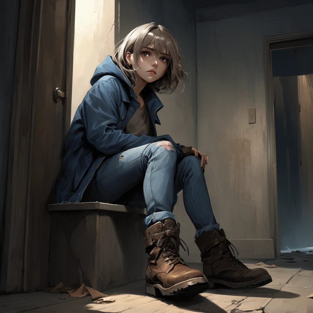 (( A scene with a sense of urgency  (( concept art)), Highly detailed drawing of a girl in blue jeans,  Highly detailed drawing of a girl in a brown coat and boots )), (Improve lighting, Better Shadows, Very delicate and scary), (  Digital Illustration ), ((4K Painting)), [( dynamic angle,(( 1 girl )),Gray Hair, (Beautiful Face,  perfect face, [Frightened,) Expressions of fear, Torn clothes, With a gun in his hand,  sitting on the floor, darkness, Scary House),  [:(dark, Mysterious, Game Paint, Ominous atmosphere, Cliff-like corridor, Big House, Deadly Silence):]