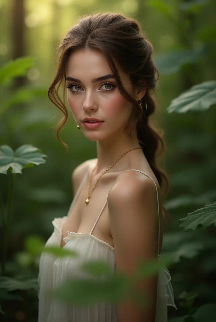 a young woman, in a wood, looking at the camera, beautiful detailed eyes, beautiful detailed lips, extremely detailed eyes and face, longeyelashes, elegant dress, natural lighting, cinematic, photoreal, 8k, (best quality,4k,8k,highres,masterpiece:1.2),ultra-detailed,(realistic,photorealistic,photo-realistic:1.37),HDR,UHD,studio lighting,ultra-fine painting,sharp focus,physically-based rendering,extreme detail description,professional,vivid colors,bokeh,portrait