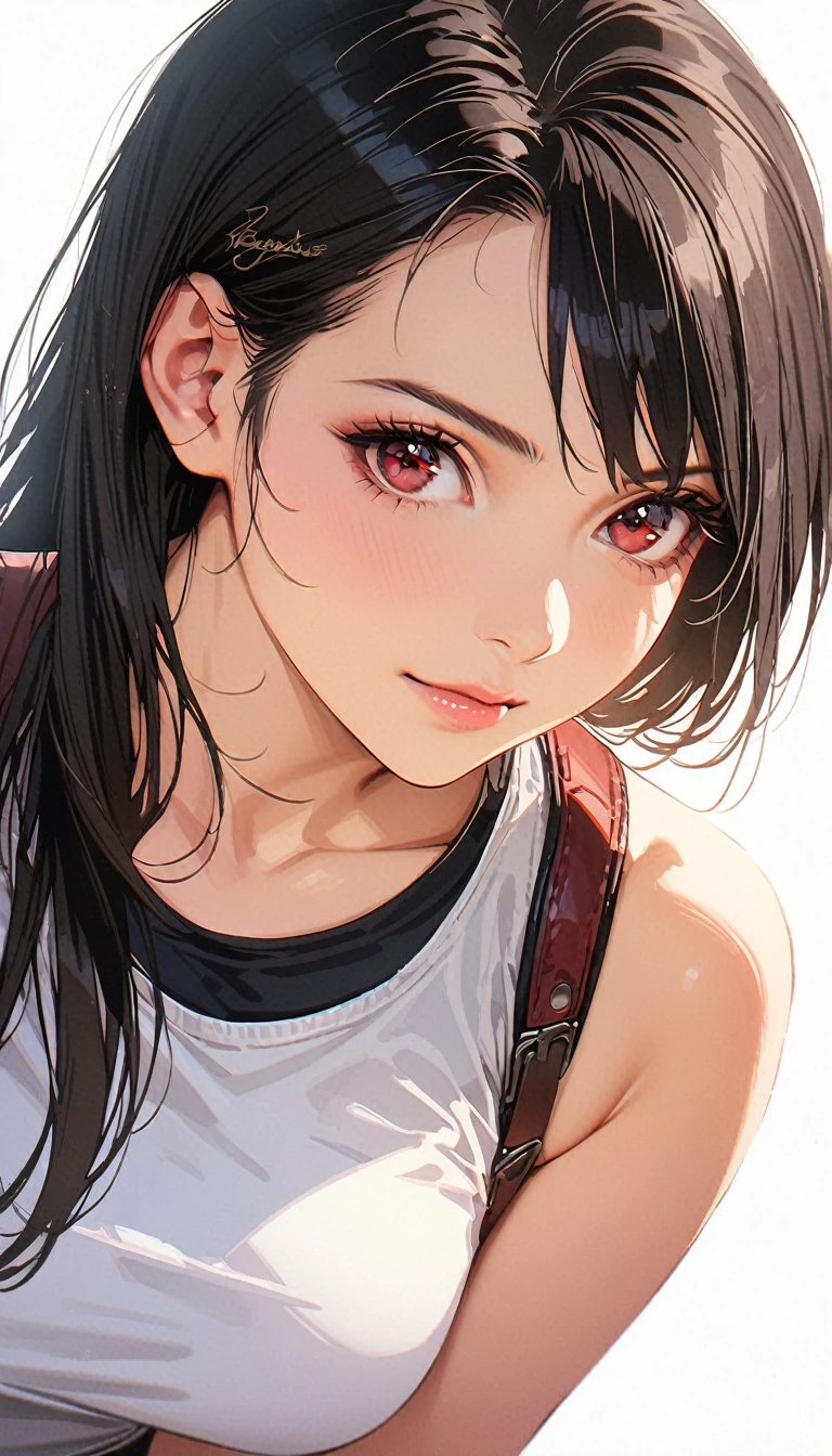 20 years old,1 mature woman,hyperrealistic, 8k, (extremely detailed 8k), (very delicate and beautiful), (masterpiece), (better quality:1.0), (ultra high resolution:1.0), (masterpiece, best quality),cute,black hair,cowboy shot,white background,realistic skin,Crop Top, Denim Shorts, Striped Knee Socks,breast hold,big breasts,nose blush,pink nail,forehead,leaning forward