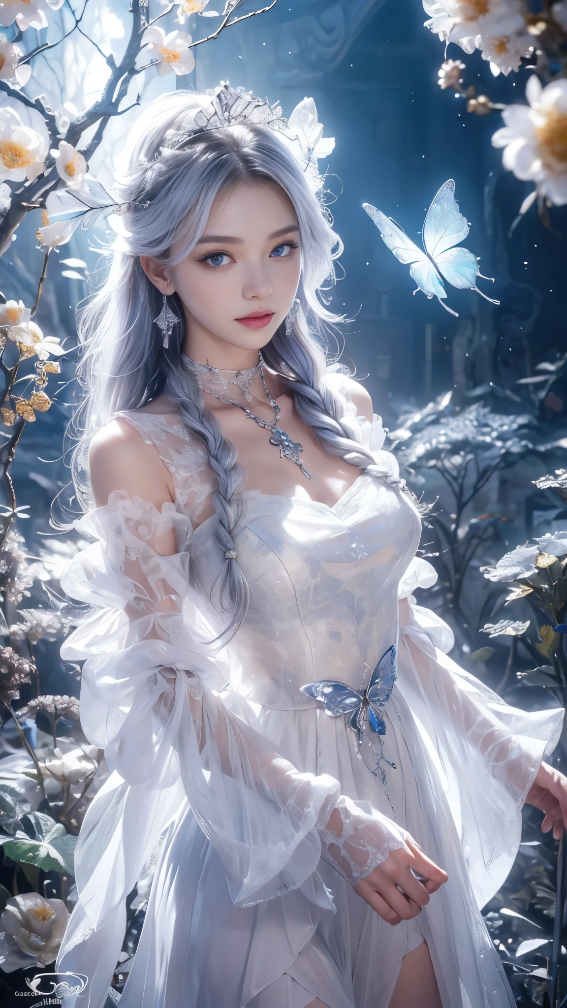 1 female, silver hair, old dress and next to 5 red butterflies