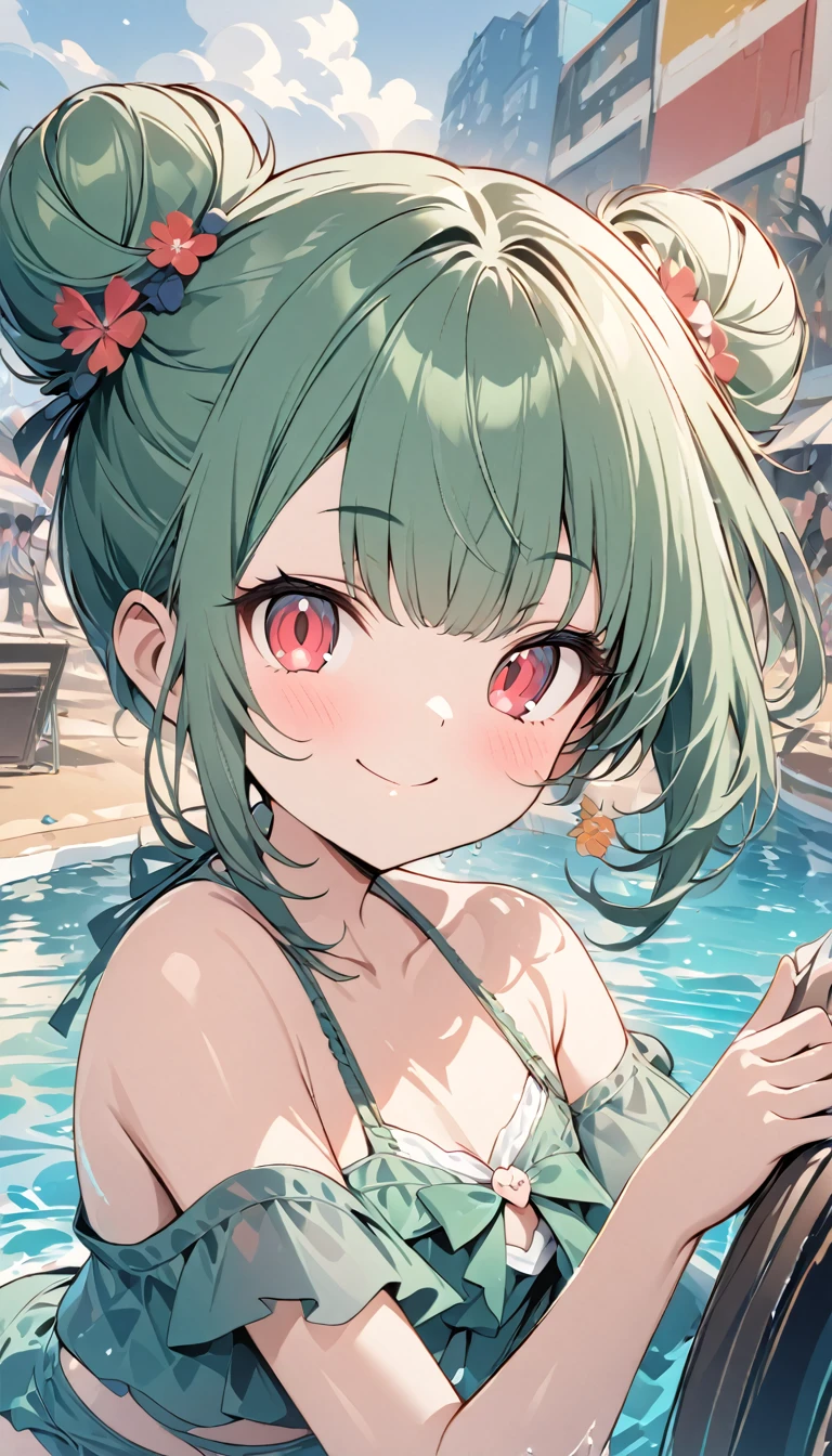 Momoko Sakura style、8K quality、, Best Quality,(((Rushia)))、(((Young Girl)))、(( 1 girl )),( Red Eyes),（Short stature）,((Emerald green hair))、Bun Hair、Young appearance、(( swimsuit))、Beautiful beach、It's in the center of the deep sea、(((ride on a float ring))),romantic,（ soaked in water ）、((( exposed shoulder ))),Smiling with mouth closed、 happy face, 、Avant-garde pop art,  Beautiful and Expressive Paintings ,  beautiful artwork illustration, Cool Beauty、 vector art ,  (((Best Quality))),  Kampala, ((masterpiece)), ((Super Details)),（ beautiful skin in NFSW）,(Beautiful fingertips)