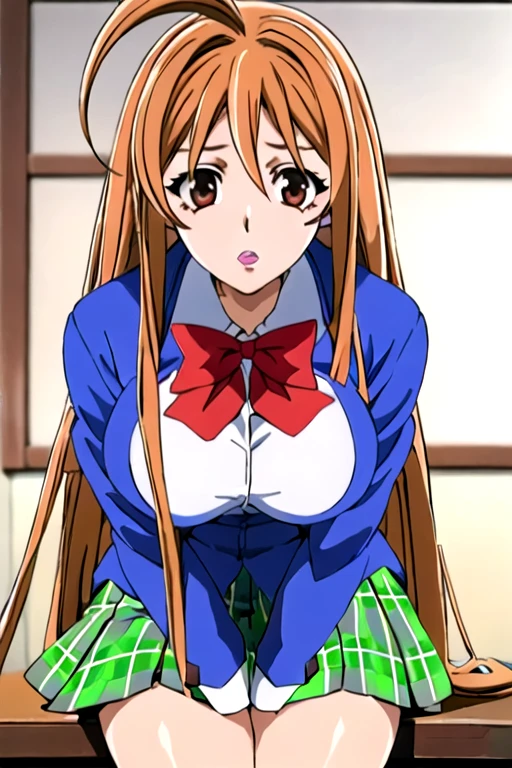 best quality,masterpiece,looking at viewer,absurdres,1girl,
depth of field,natsume aya,orange hair,long hair,brown eyes,breasts,ahoge,large breasts,white school uniform,green plaid skirt,bow, culo vagina ano