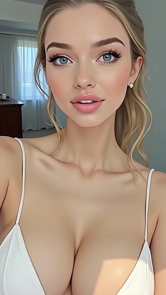 Playful, 8K, selfie, highly-detailed, open mouth, girl playfully taking a selfie, looking to the camera, wearing a colorful sundress, blonde hair styled in loose waves, cleavage, [Kate Winslet|nina dobrev|Audrey Hepburn]