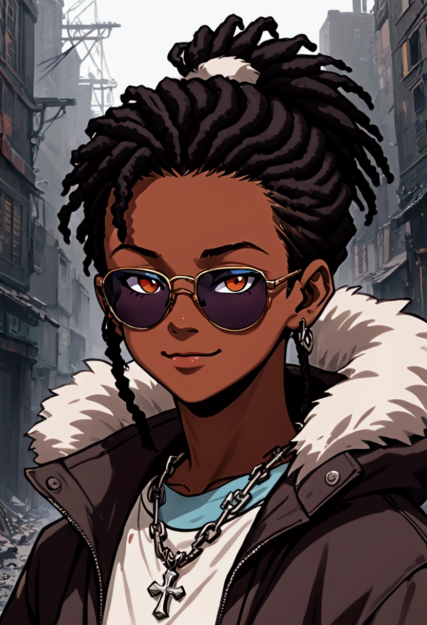 (masterpiece:1.2), (best quality, sfw), (ultra detailed), (8k, 4k, intricate),(closeup-shot:1), (highly detailed:1.2),(detailed background:1.2),((dark skin, handsome eyes, cool sunglasses)) (((black:0.75,dark brown:1.2, dark violet:0.5)))a cartoon drawing of a young adult male with small sunglasses and a fur collared jacket, half shaved haircut, dreadlocks, dreadlock ponytail, silver cross necklace, scar on left eyebrow, plump lips, smiling, smiling, dark orange eyes cartoon art style, unknown artstyle, looking heckin cool and stylish, inime style, cartoon artstyle, anime style character, drawn in the style of mark arian, random background scene, character portrait of me, ☁🌪🌙👩🏾, urban girl fanart, by Kanbun Master, smol, detailed character, anime vibes, cyberpunk art ultrarealistic 8k, post-apocalyptic style, post-apocalyptic character, trendin on artstation, cinematic full character, trending on artstation 4k, portrait of a survivor in a post apocalypse world , cinematic realistic portrait
