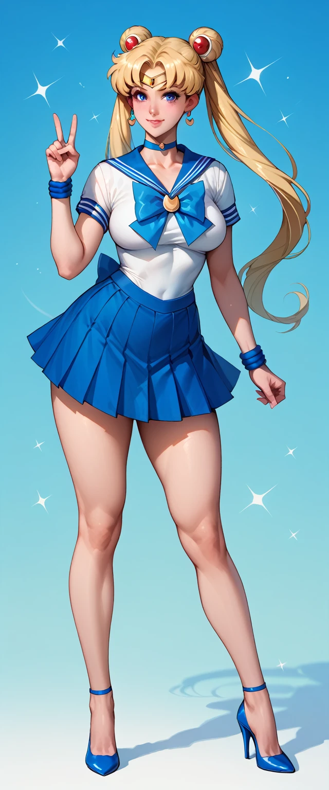 masterpiece, best quality, absurdres, perfect antomy, 1girl, solo, SMMoon, 1990s \(style\), blonde sailor moon, standing, smile, cowboy shot, sailor senshi uniform, sailor collar, blue skirt, elbow gloves, in back pose, show her booty, backwards, no thong big booty, ultra mini skirt ( BACK POSE, BACKWARD, SHOW HER BOOTY) ( FULL BODY)