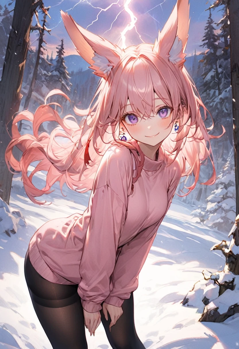 ( masterpiece ), Better quality, expressive eyes,  perfect face, 1 girl, Hair, Yae Mico\( gender impact\),(\Long pink sweater \,  long black tights ), Yae Mico,  animal ears, drooping ears,  Fox ears , Hair entre los ojos, Hair largo, Hair rosa,  purple eyes, Hair rosa, earrings, standing,  looking at the viewer, smile, Alone, beautiful pose, bottom blanco, standing, pose sexy, big,  covered by sweater , bottom: Behind the snowy black forest, sunset,  orange and red stripe , lightning.