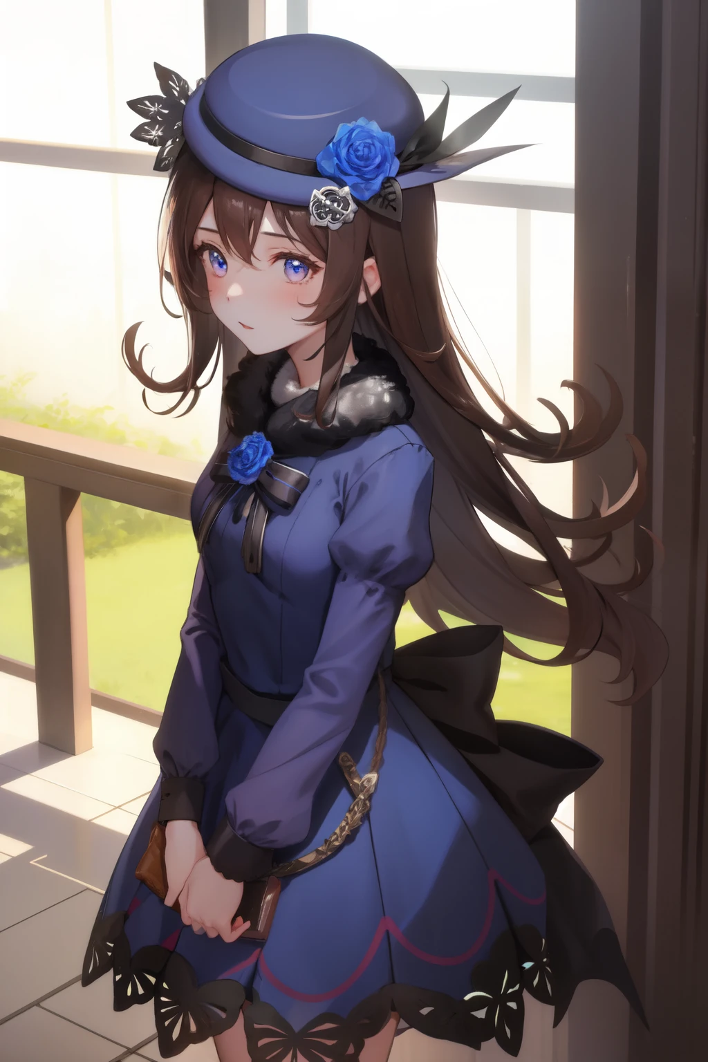  1 girl , Rice Shower, Hair in front of you,  Fur Collar,  brown knee-high, Hat Flower, Blue dress, Black footwear, sheath, arms, 