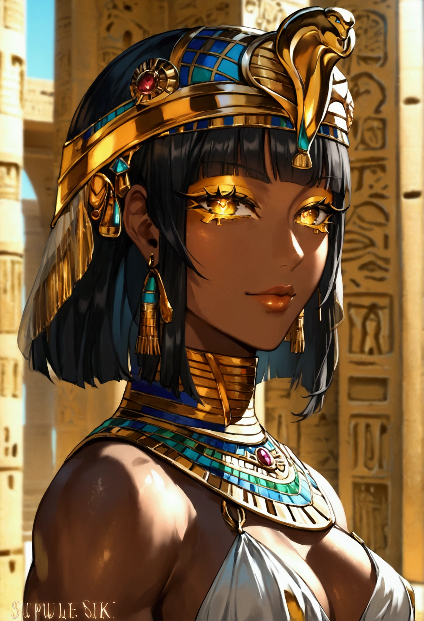 score_9, score_8_up, score_7_up,1girl, very tall girl, muscular body, (((((dark skin))))), perfect beautiful face, long eyelashes, sharp eyes pupils, dark hair, short hair, long legs, medium breasts, egypt headgear, egypt loincloth, sapphire jewel pasties, golden egypt necklace with turquoise jewels, large golden earrings, slim body, slim waist, (outdoors, night, stary sky, abandoned egypt temple,) / standing, seductive face, look at viewer, closeup, cowboy shot