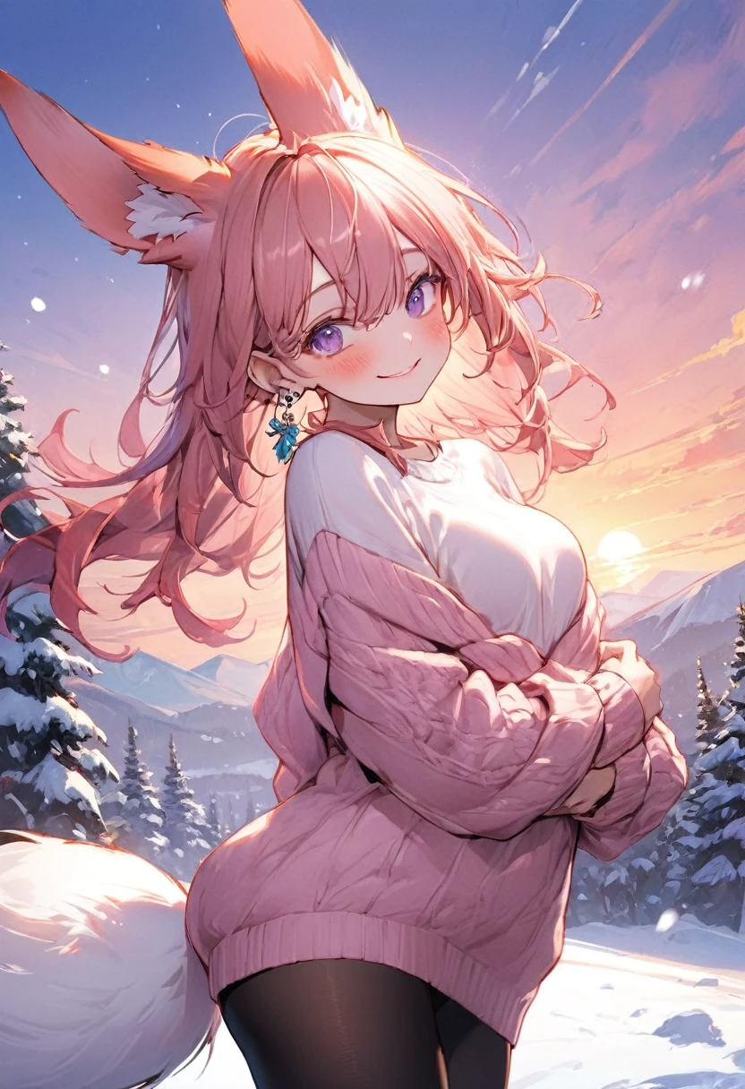 ( masterpiece ), Better quality, expressive eyes,  perfect face, 1 woman, Hair, Yae Mico\( gender impact\),(\Bright pink long sweater\,  long black tights ), Yae Mico,  animal ears, drooping ears,  Fox ears , Hair entre los ojos, Hair largo, Hair rosa,  bright purple eyes, Hair rosa, earrings, standing,  looking at the viewer, smile, blushing, Alone, beautiful pose, bottom blanco, standing, pose sexy, big,  covered by sweater , bottom: Behind the snowy black forest, sunset,  orange and red stripe .