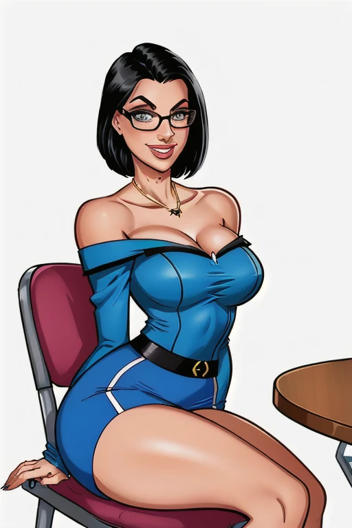 two Slim athletic women, age 25, 8k (High definition), beautiful smiling, seducing gaze, greeneyes, sexy secretary costume, light blue blouse ((with off-the-shoulder neckline)), tight grey skirt, glasses, Caucasian skin, arms positioned at the side of the body, short straight black hair ((at shoulder height)), sitting in a chair, at the table ((upper body)), curvy, small round breasts. High-quality Marvel style, white background.