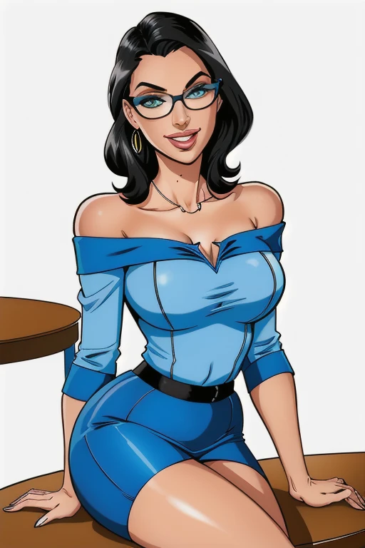 two Slim athletic women, age 25, 8k (High definition), beautiful smiling, seducing gaze, greeneyes, sexy secretary costume, light blue blouse ((with off-the-shoulder neckline)), tight grey skirt, glasses, Caucasian skin, arms positioned at the side of the body, short straight black hair ((at shoulder height)), sitting in a chair, at the table ((upper body)), curvy, small round breasts. High-quality Marvel style, white background.