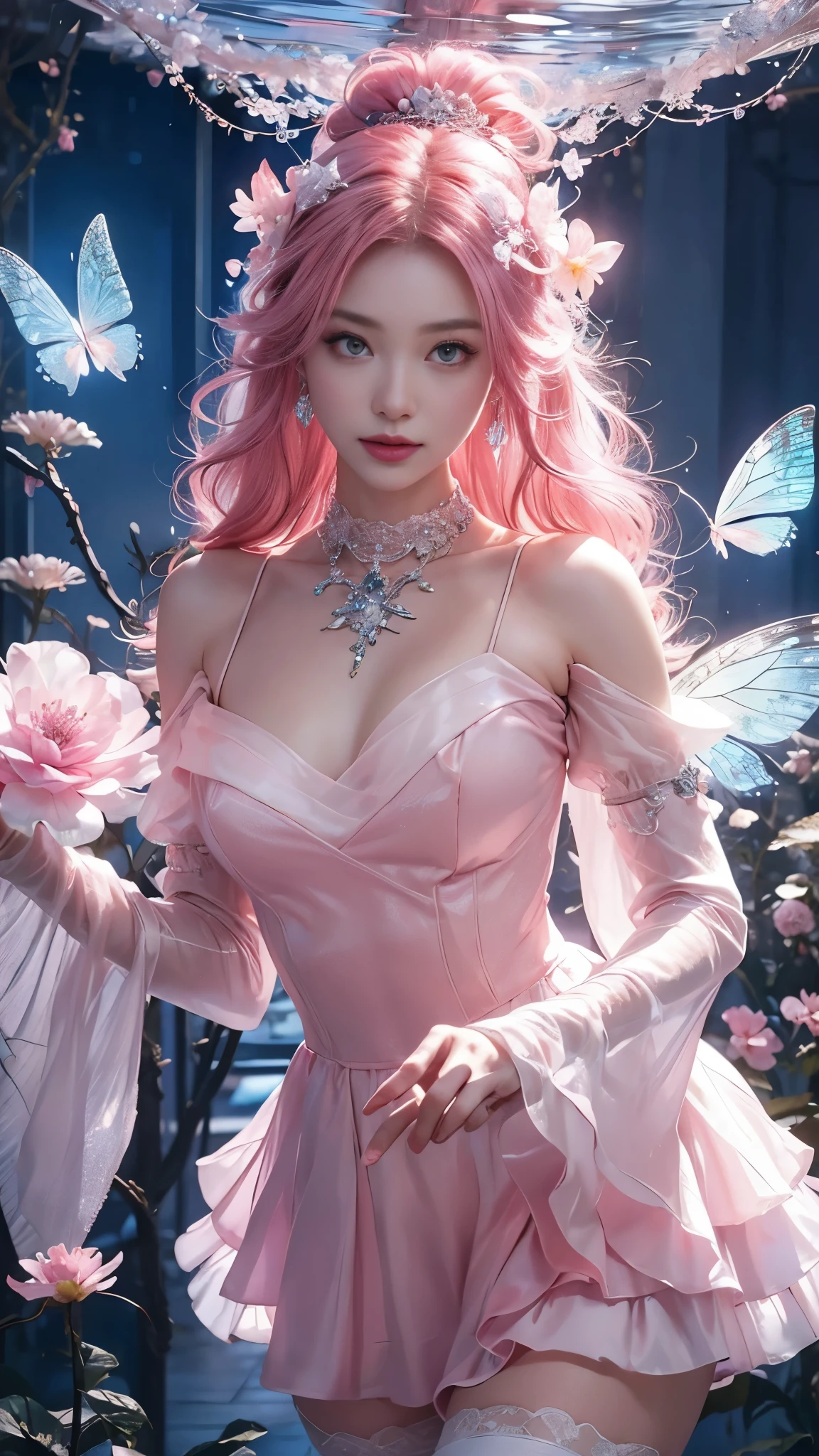 8K ultra hd, masterpiece, ultra quality, a cute girl, cute face, detailed eyes, detailed lip, medium breathe, dress, dragon pink dress, beautiful shining dragon dress, shining effect, shining, morning time, sun light, whole body capture,