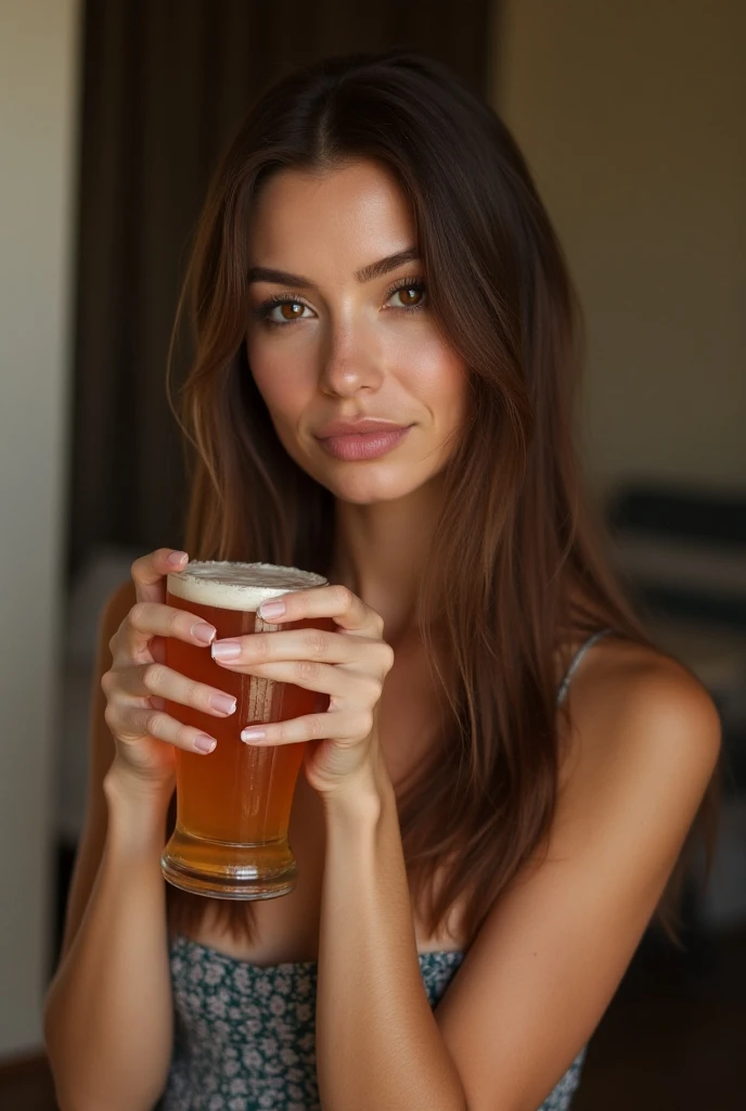 Photorealism 1.4 realistic realism high detailed definition photoshoot session at studio white screen background adult female Latinwomen hold glass bottle of beer wrote. AHWEE BEER wearing white towel