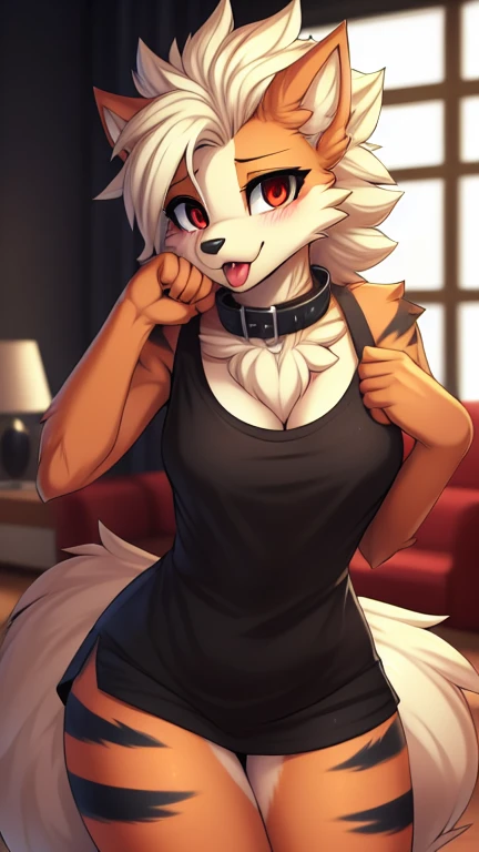 By zinfyu,by twistedscarlet60, uploaded on pixiv, by fluff-kevlar, (masterpiece), (best quality), (solo female:1.2), (extremely detailed:1.3),(detailed eye,black circle on eye,red eye), arcanine,Hourglass_body, using lipstick, human lips, red lips,has hair pony, hair pony, view on viewer,  shy face, black tanktop, bare shoulder, black short, Fullbody t-shirt, medium breast, focus on face, in home living room,  beautiful eyebrow,soft eyebrow, shy, blush, wearing black collar,  closeup face, paw pose, tongue out, culo, vagina,ano