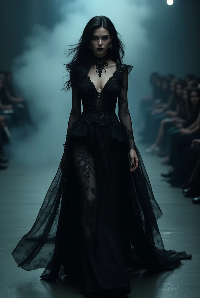 a dark haired woman, fashion show, gothic, dark theme, ultra realistic, photorealistic, 8k, detailed face, long eyelashes, ornate jewelry, dramatic lighting, moody colors, dramatic pose, flowing dress, intricate patterns, runway, smoke effects, cinematic