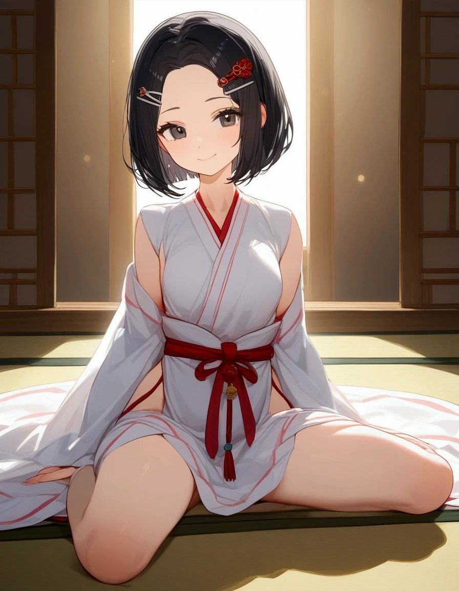 (best quality), (beautiful), (masterpiece), petite girl, solo, black short hair, bob cut, (forehead:1.2), (hairpin in center parted bangs:1.3), black eyes, slender body, medium hip, goddess smile, upper body above the knees, shrine maiden clothes, pose to be pampered, sitting on tatami, indoors, free angle, 