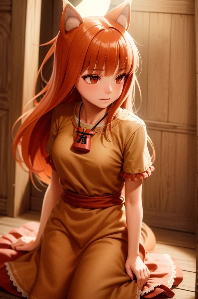  Ultra-detailed, HDR, UHD, ultra-fine painting, physical based rendering, extreme detail description, Professional, full-length portrait, landscape, style of Concept Artists, with a vibrant color palette, soft-lighting, 1girl, long hair, brown hair, animal ears, red eyes, wolf tail, necklace, ((wearing light goddess dress, holy light cloth:1.35)), (with wolf ears), (red wolf girl, Wolf Female), (muscular strong body), (body scars, damaged), holy magic, seductive sexy pose