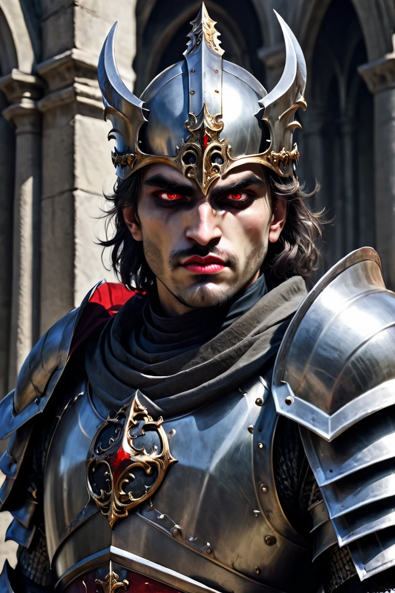 A male saint knight wearing heavy armor male vampire red eyes lips pointed teeth 