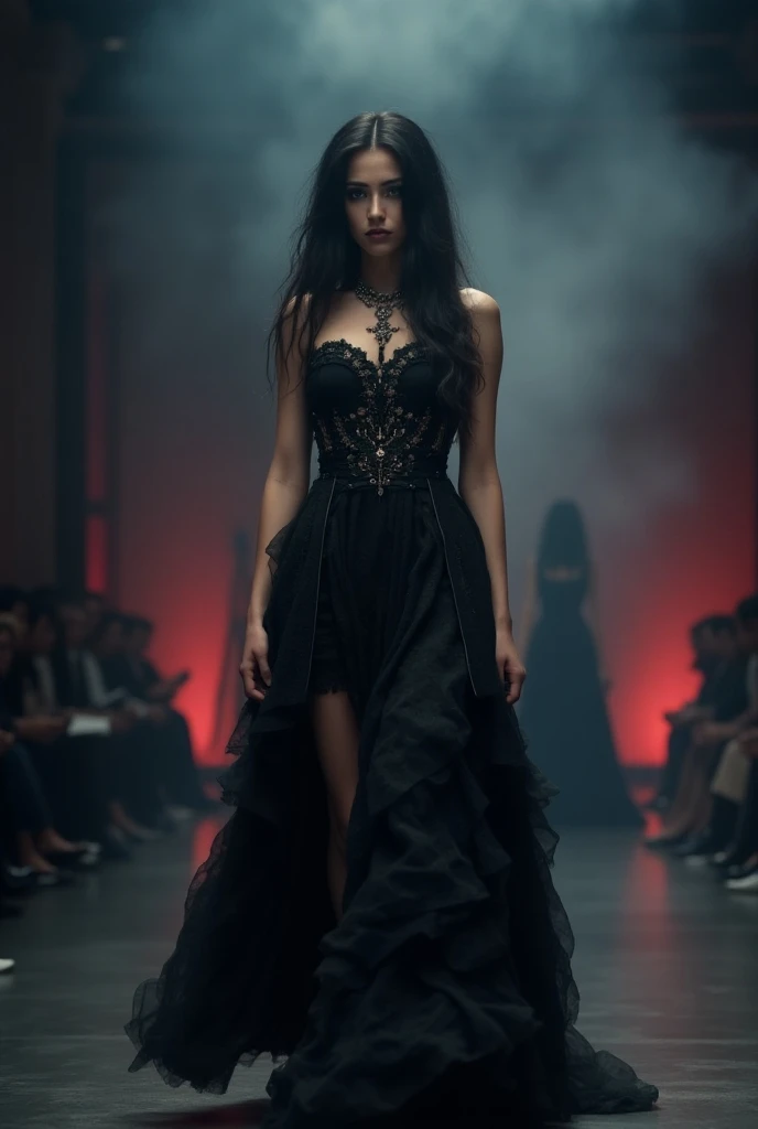 a dark haired woman, fashion show, gothic, dark theme, ultra realistic, photorealistic, 8k, detailed face, long eyelashes, ornate jewelry, dramatic lighting, moody colors, dramatic pose, flowing dress, intricate patterns, runway, smoke effects, cinematic