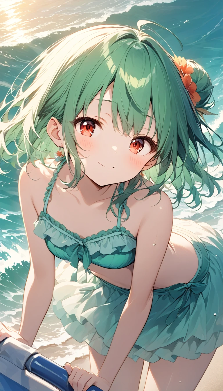 (((Young Girl)))、(( 1 girl )),( Red Eyes),（Short stature）,((Emerald green hair))、Bun Hair、Young appearance、(( swimsuit))、(((ride on the beach float)))、Vector art、spirit of the wind、Backlight、Bright in backlight、Sun behind、Summer sky、cumulonimbus、Girl standing on breakwater、He has his hands behind his back and is leaning forward, looking at me.、Narrowed eyes and a happy look、cheek、Waves crashing against the breakwater、The waves splash and the water shines beautifully.