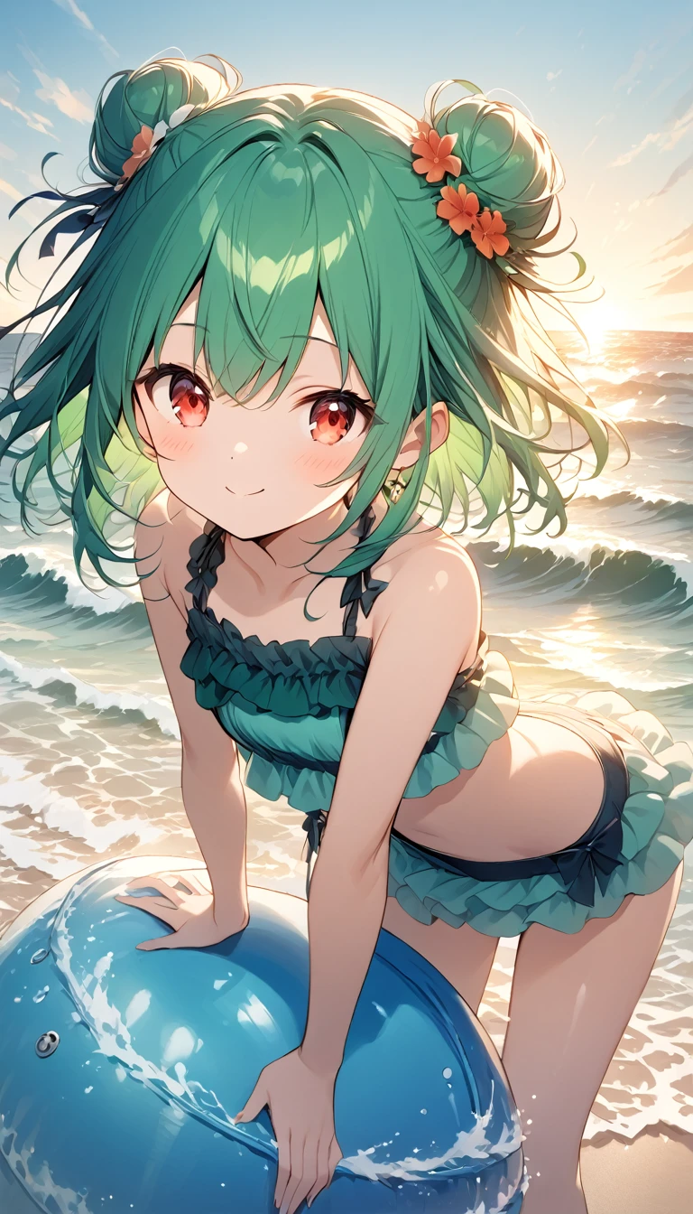 (((Young Girl)))、(( 1 girl )),( Red Eyes),（Short stature）,((Emerald green hair))、Bun Hair、Young appearance、(( swimsuit))、(((ride on the beach float)))、Vector art、spirit of the wind、Backlight、Bright in backlight、Sun behind、Summer sky、cumulonimbus、Girl standing on breakwater、He has his hands behind his back and is leaning forward, looking at me.、Narrowed eyes and a happy look、cheek、Waves crashing against the breakwater、The waves splash and the water shines beautifully.