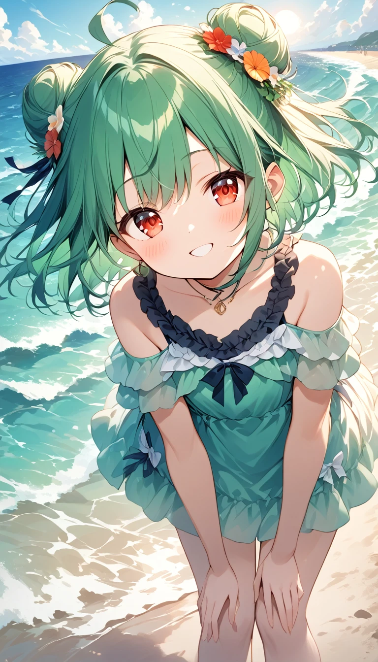 (((Young Girl)))、(( 1 girl )),( Red Eyes),（Short stature）,((Emerald green hair))、Bun Hair、Young appearance、(( swimsuit))、(((ride on the beach float)))、Vector art、spirit of the wind、Backlight、Bright in backlight、Sun behind、Summer sky、cumulonimbus、Girl standing on breakwater、He has his hands behind his back and is leaning forward, looking at me.、Narrowed eyes and a happy look、cheek、Waves crashing against the breakwater、The waves splash and the water shines beautifully.