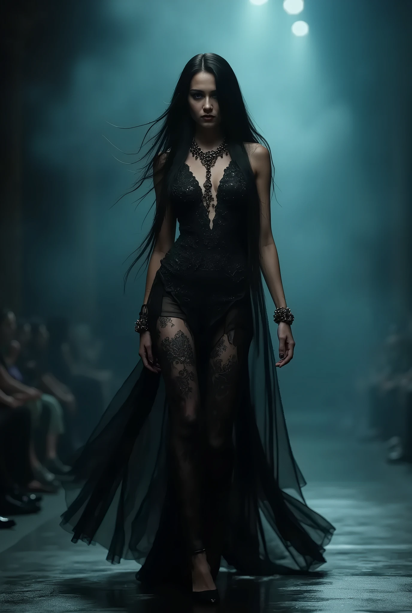 a dark haired woman, fashion show, gothic, dark theme, ultra realistic, photorealistic, 8k, detailed face, long eyelashes, ornate jewelry, dramatic lighting, moody colors, dramatic pose, flowing dress, intricate patterns, runway, smoke effects, cinematic