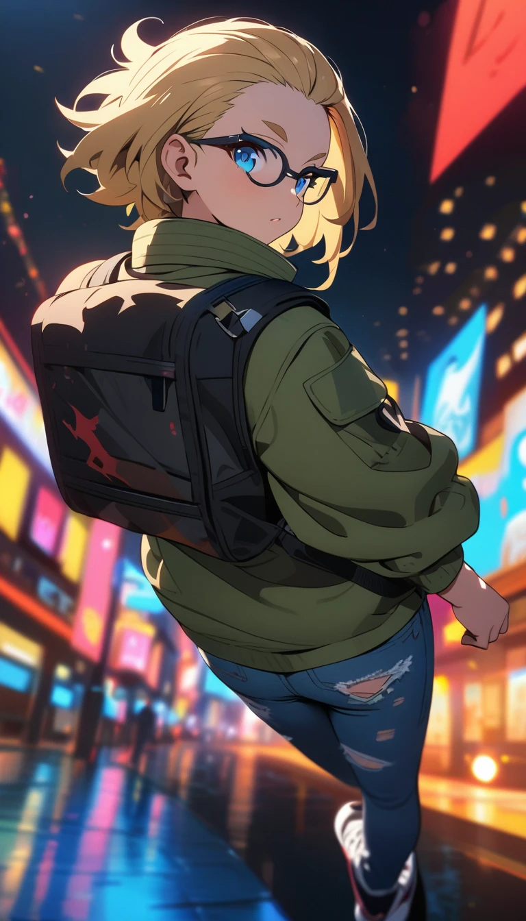 anime style,(best quality,4k,8k,highres,masterpiece:1.2),ultra-detailed, perfect eyes, perfect face, perfect lighting, photo,BREAK,
((loli)),skinny,flat chested,(forehead,hair slicked back:1.3),Beautiful blonde hair,(blue eyes),(black nodoka glasses),thick bluish eyeshadow, thin eyebrows, thick black eyeliner, Highlighted eyes with eyeliner, false eyelashes,BREAK,
(Black hoodie, khaki cargo pants, orange hiking shoes),wide shot,full body