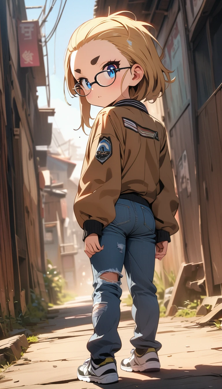 anime style,(best quality,4k,8k,highres,masterpiece:1.2),ultra-detailed, perfect eyes, perfect face, perfect lighting, photo,BREAK,
((loli)),skinny,flat chested,(forehead,hair slicked back:1.3),Beautiful blonde hair,(blue eyes),(black nodoka glasses),thick bluish eyeshadow, thin eyebrows, thick black eyeliner, Highlighted eyes with eyeliner, false eyelashes,BREAK,
(Black hoodie, khaki cargo pants, orange hiking shoes),wide shot,full body