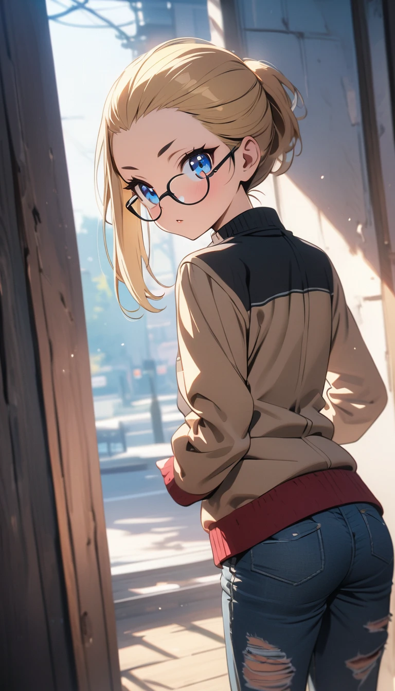 anime style,(best quality,4k,8k,highres,masterpiece:1.2),ultra-detailed, perfect eyes, perfect face, perfect lighting, photo,BREAK,
((loli)),skinny,flat chested,(forehead,hair slicked back:1.3),Beautiful blonde hair,(blue eyes),(black nodoka glasses),thick bluish eyeshadow, thin eyebrows, thick black eyeliner, Highlighted eyes with eyeliner, false eyelashes,BREAK,
(Black hoodie, khaki cargo pants, orange hiking shoes),wide shot,full body