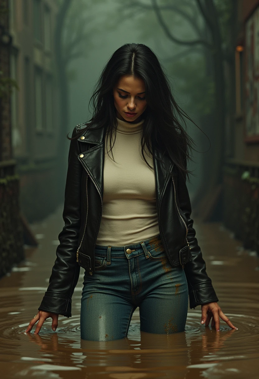 8 k,   hyper-detailed ,  fetishistic drama, social stigmatization , nymphomania illustration poster, masterpiece, vintage colors, capricious, noir,  woman completely drowned in a mud sticky swamp, expression of shame and sexual tension, Light turtleneck, faded leather jacket, tight washed dirty flared jeans, posing