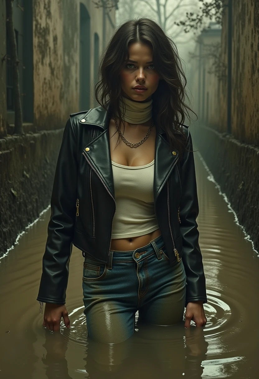 8 k,   hyper-detailed ,  fetishistic drama, social stigmatization , nymphomania illustration poster, masterpiece, vintage colors, capricious, noir,  woman completely drowned in a mud sticky swamp, expression of shame and sexual tension, Light turtleneck, faded leather jacket, tight washed dirty flared jeans, posing