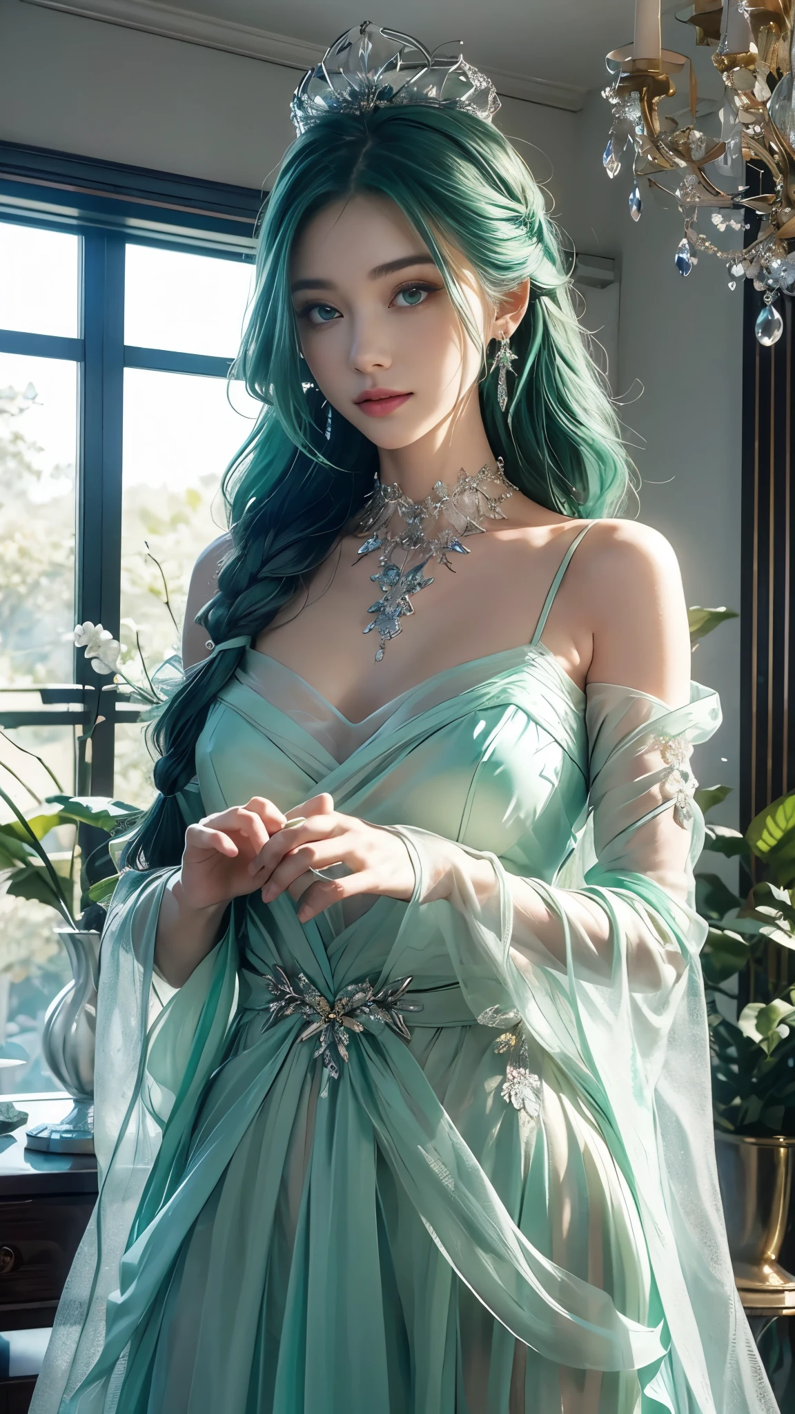 highest quality, masterpiece, ultra high resolution, (realism: 1.4), original photo, 1 girl, green eyes, off shoulder, cinematic lighting, blue hair, at sunset