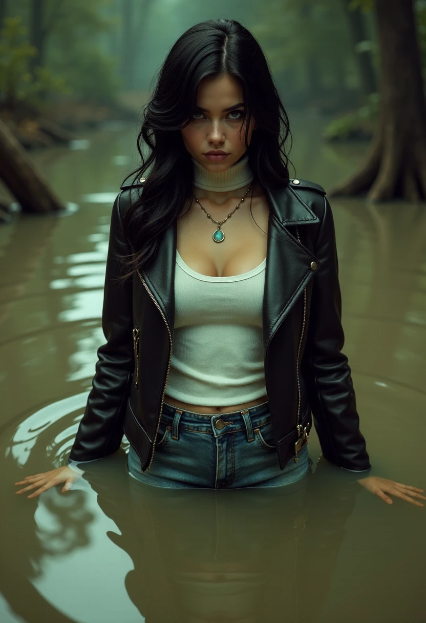 8 k,   hyper-detailed ,  fetishistic drama, social stigmatization , nymphomania illustration poster, masterpiece, vintage colors, capricious, noir,  woman completely drowned in a mud sticky swamp, expression of shame and sexual tension, Light turtleneck, faded leather jacket, tight washed dirty flared jeans, posing