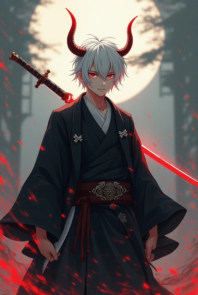 A man with small horns short white hair samurai outfit sword around the ...