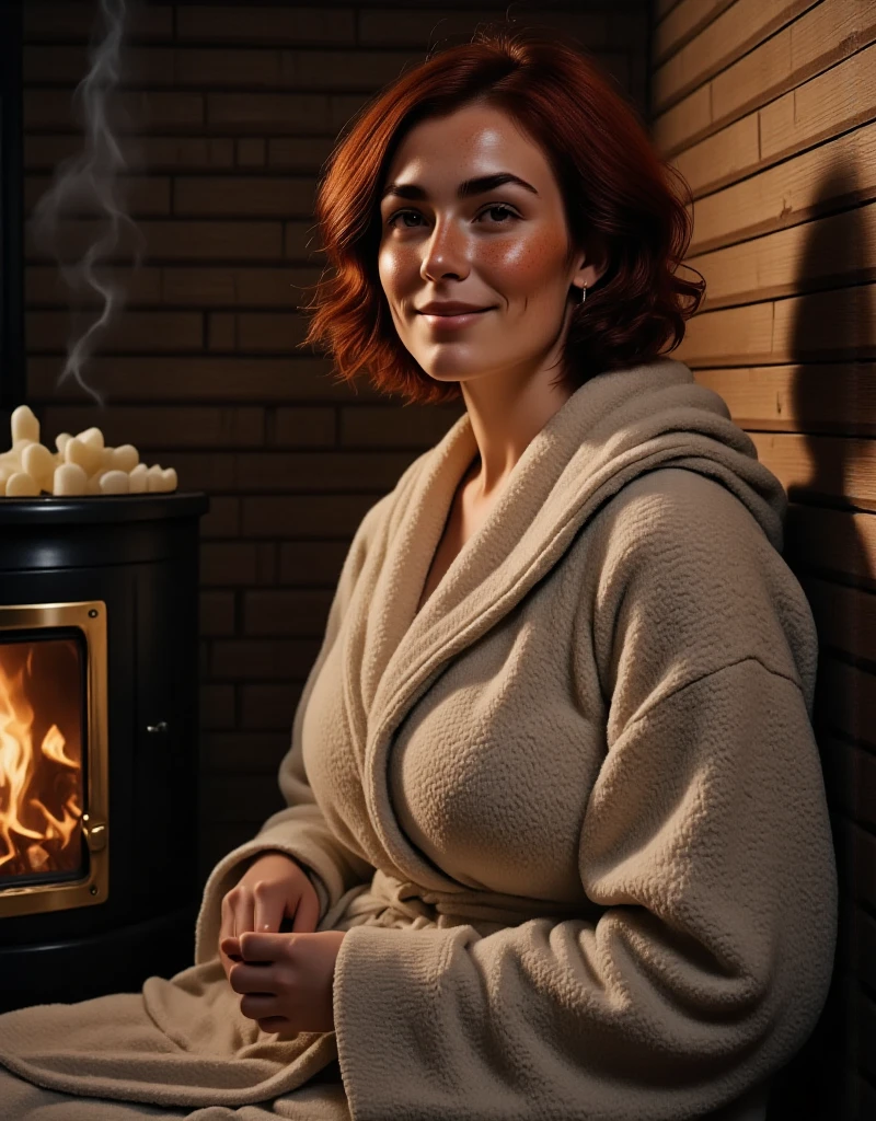 Photorealistic, cinematic style, picture of a beautiful British woman sitting in a rustic Finnish sauna. (Dynamic pose: 1.5), (slight smile). She has Brown eyes, downturned eye shape, light skin and freckles, reddish-brown hair, shag hairstyle .  She's wearing a bath robe wrapped around her. The sauna is dark, it has blackened wood panelling and dark wooden benches. Black sauna stove with stones piled on it, fire in the stove. Atmospheric, relaxed. perfect hand,HDR, intricate details ,