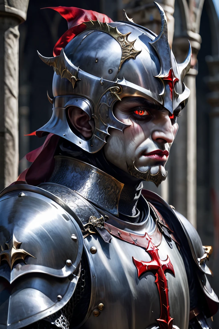 A male saint knight wearing heavy armor male vampire red eyes lips pointed teeth 