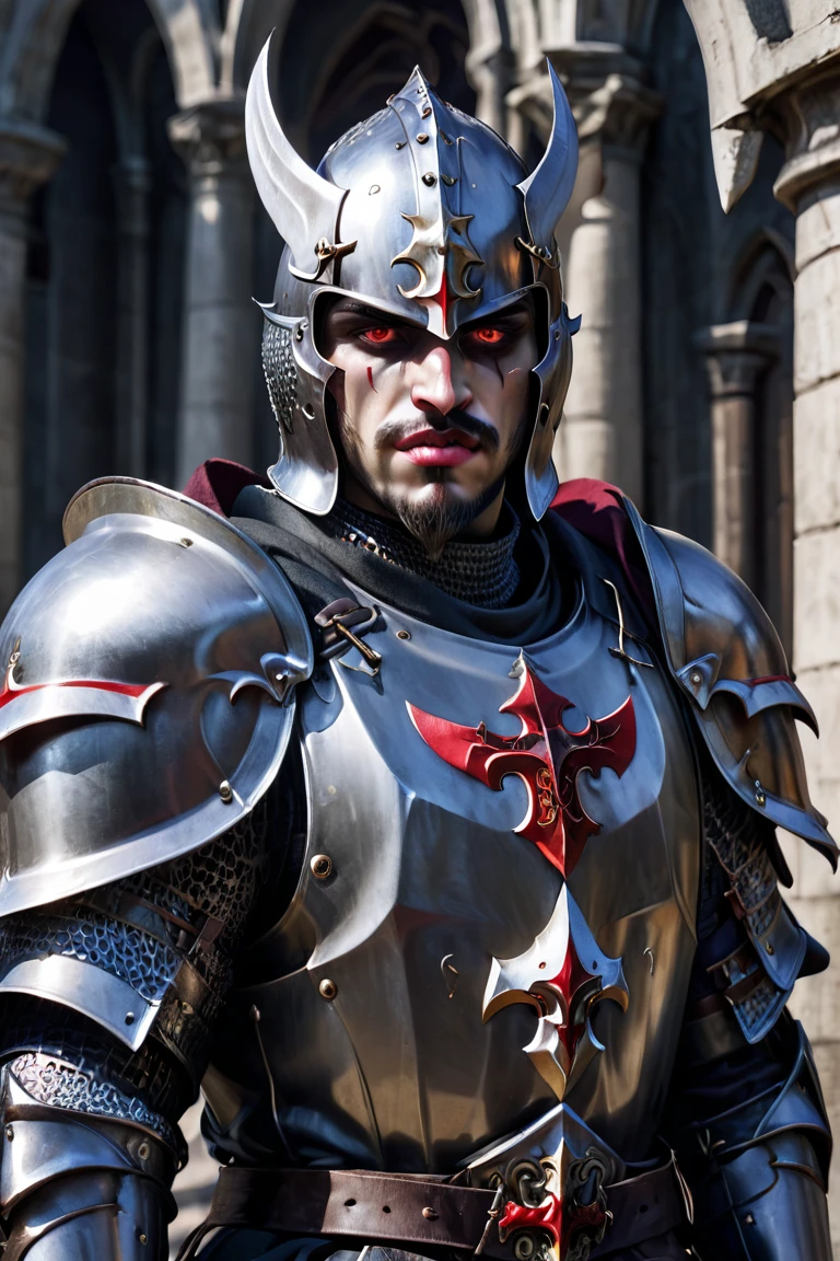 A male saint knight wearing heavy armor male vampire red eyes lips pointed teeth 