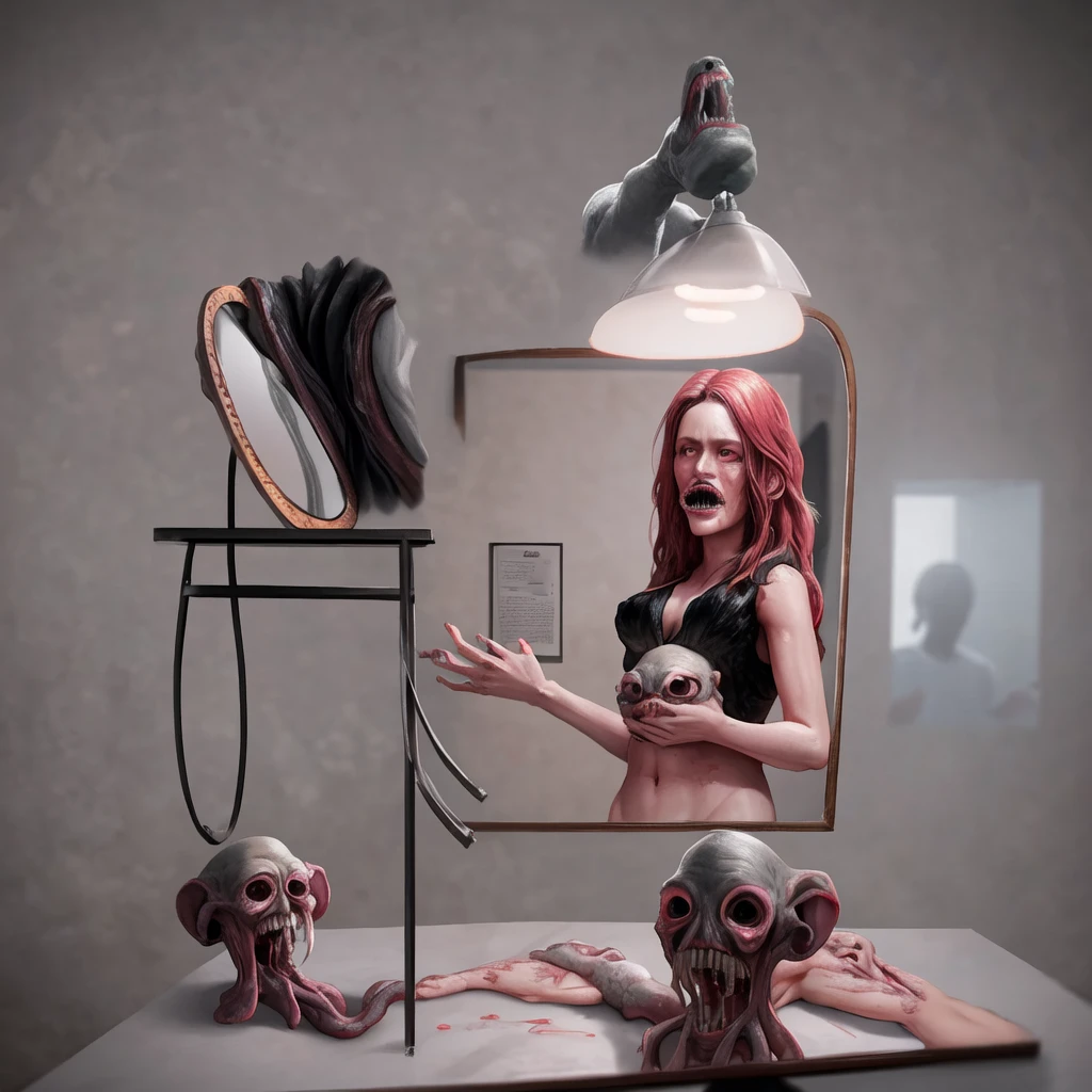  Loab...   image of a woman with a mirror and a mirror with a face on it, hyperrealistic nightmare scene, weird, body - horror, body-horror, creepy surrealism, creepy, s come to life, gory, horror, computer made out of human flesh, photorealistic, cinematic photography,cinematic portrait, cinematic lighting,portrait photography,Ultra realistic, ultra detailed 