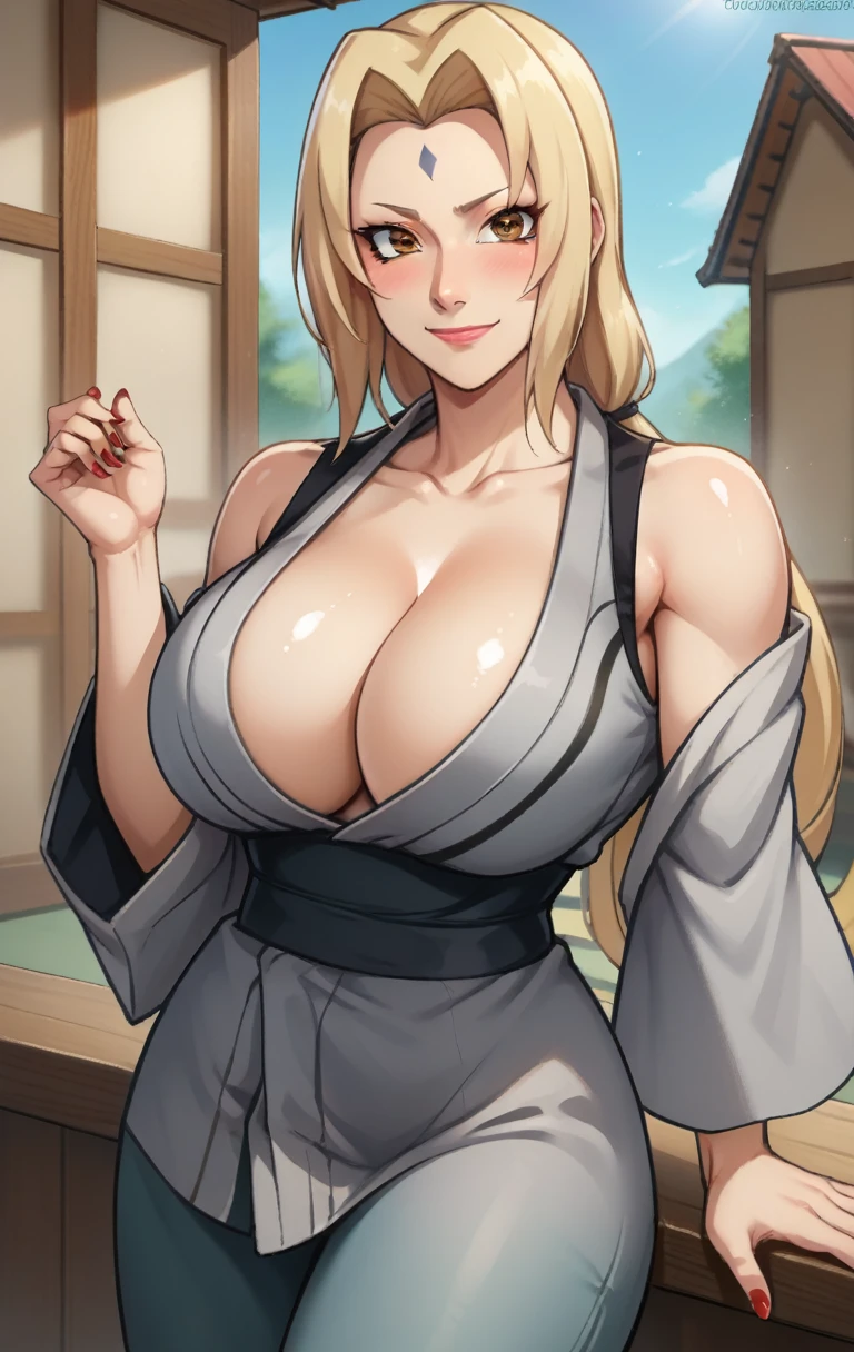 score_9, score_8_up, score_7_up, score_9, source_anime, BREAK   TsunadeSDXL, 1girl, solo, long hair, breasts, looking at viewer, blush, smile, blonde hair, cleavage, bare shoulders, brown eyes, closed mouth, collarbone, japanese clothes, sleeveless, shiny, pants, kimono, nail polish, huge breasts, super thin waist, shiny hair, lips, shiny skin, sash, makeup, blurry background, arm support, watermark, facial mark, lipstick, red nails, web address, mature female, forehead mark, grey kimono, tsunade (naruto)