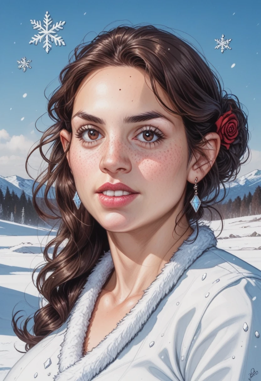 (GeGe), solo, woman, brunette, woman, brunette, light and dark streaked brown hair, brown eyes, freckles, (huge breasts), This is a realistic fantasy artwork taking place in a subzero cold winter landscape. Generate a stately, elegant, and graceful Pocahontas elf in a magical world of stunning gilded roses with multicolors and shimmering ice glittering in the light. Her face is elegant and middle-aged and includes realistic shading, incredibly detailed and distinct features, soft puffy and kissable mouth, and (realistic eyes). (Her eyes are important) and should be (beautiful detailed eyes with macro details), realistic details, and a shifting array of beautiful blue colors. Her clothes should be delicately spun from weightless, airy, and expensive gossamer silk with delicate and very subtle floral embroidery, (((many warm layers))), and a variety of complementary colors as well as lots of luxurious fur. Her breasts are subtle and her clothing is very warm and heavy. This image is incredibly creative and emphasizes the beautiful detail of the gilded roses and the pure snow on the ornate ice. Include beautiful detailed snowflakes, icy air, and magical doves. Include pebbles, stones, bumps, glitter, and iridescence. Camera: Utilize dynamic composition techniques to draw the viewer into the scene. Lighting: Enhance the glitter of the snow and ice and emphasize the fantasy winter aspect of the image. Take inspiration from top masters of the genre and trending Midjourney and ArtStation art.