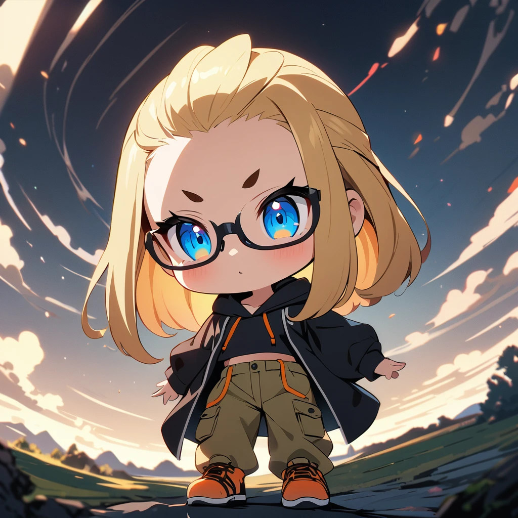 anime style,(best quality,4k,8k,highres,masterpiece:1.2),ultra-detailed, perfect eyes, perfect face, perfect lighting, photo,BREAK,
((loli)),skinny,flat chested,(forehead,hair slicked back:1.3),Beautiful blonde hair,(blue eyes),(black nodoka glasses),thick bluish eyeshadow, thin eyebrows, thick black eyeliner, Highlighted eyes with eyeliner, false eyelashes,BREAK,
(Black hoodie, khaki cargo pants, orange hiking shoes),wide shot,full body