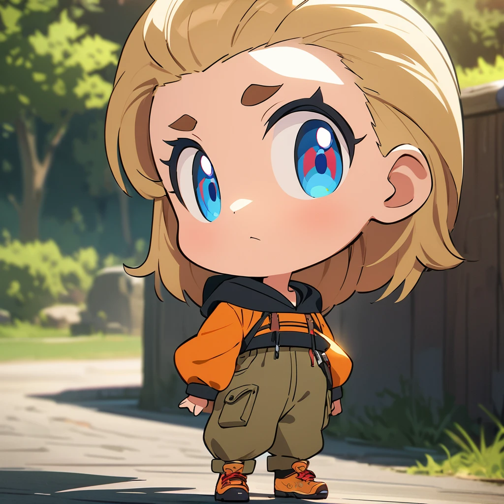 anime style,(best quality,4k,8k,highres,masterpiece:1.2),ultra-detailed, perfect eyes, perfect face, perfect lighting, photo,BREAK,
((loli)),skinny,flat chested,(forehead,hair slicked back:1.3),Beautiful blonde hair,(blue eyes),(black nodoka glasses),thick bluish eyeshadow, thin eyebrows, thick black eyeliner, Highlighted eyes with eyeliner, false eyelashes,BREAK,
(Black hoodie, khaki cargo pants, orange hiking shoes),wide shot,full body