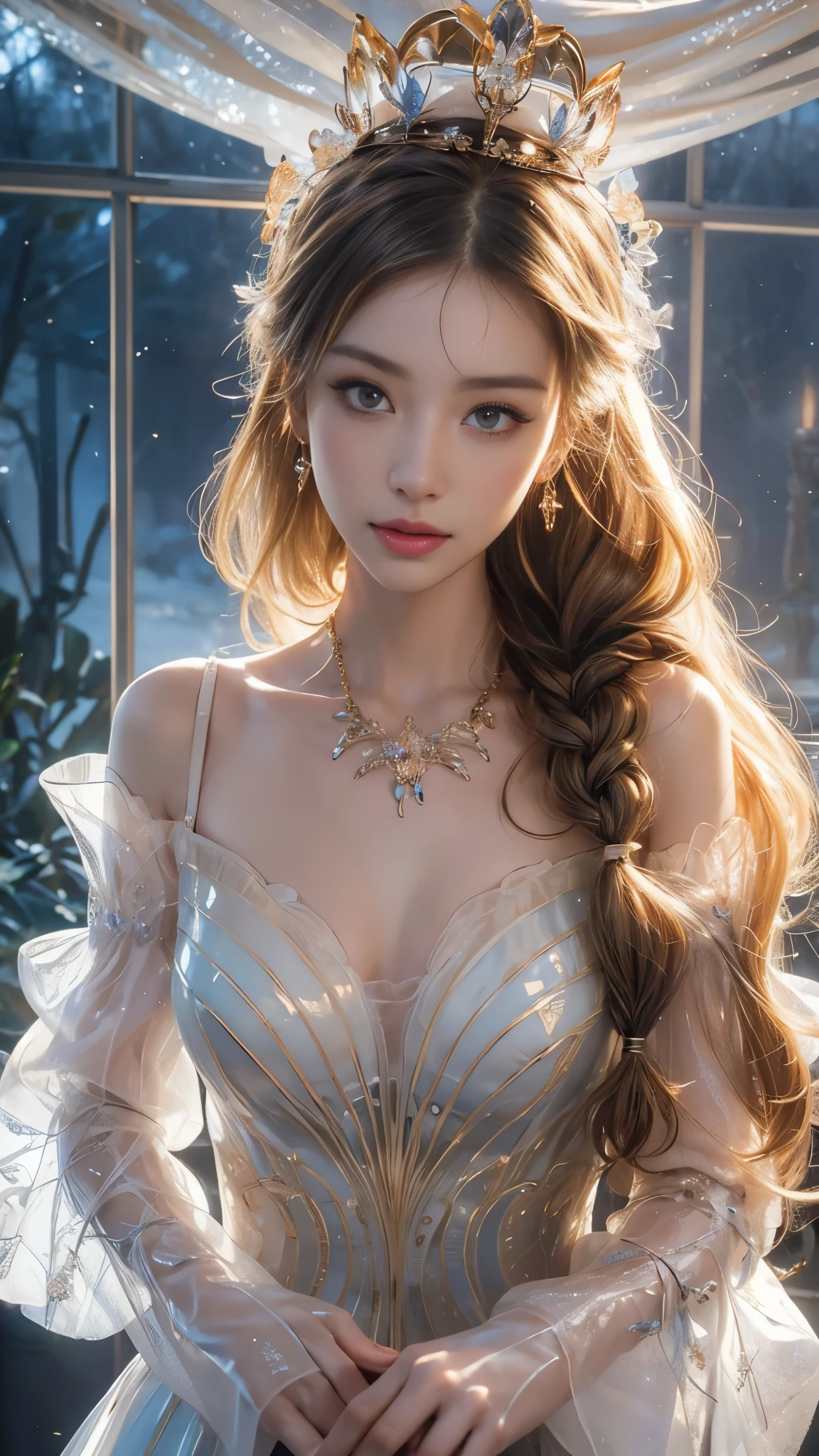 ((*)), best quality, ultra high res, (photorealistic:1.4), solo mid shot portrait photo of woman as a real life version of (Queen Elsa:1.28), open office fantasy background, charming smirking, by Anna Dittmann and Andreas Franke ultra realistic highly detailed intricate photorealistic analog style photograph sharp focus on eyes, cinematic lighting