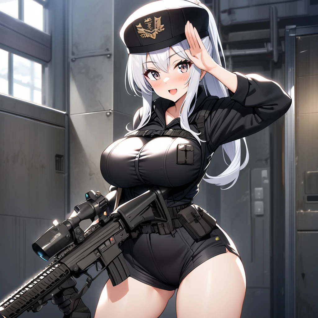 (best quality:1.0), HDR, highres, beautiful, 1boy, 1girl, ((big breasts, , cleavage, curvy breasts:1.2)), overflowing breasts, best quality, beautiful detailed eyes, ultra-detailed, (masterpiece:1.0), symmetrical eyes, symmetrical face, perfect skin, (absurdres:1.2), mature female, steaming body, sweaty body, shiny skin, soft lighting, narrow waist, sweat, wet body, thick thighs, hourglass figure, bursting breasts, photography, 8k, film grain blurry background, Bright_Front_face_Lighting, official art, extremely detailed CG unity 8k wallpaper, perfect lighting, Kodak portra 400, , thick thighs, pink lips, beautiful lips, 1girl, (vibrant_color:1.2), toned female, long hair, ((white hair:1.5)), blue eyes, ((red flower hair ornament, blunt bangs, skirt:1.4)), <lora:PandoraLoC:0.8>, pandoraloc, midriff, black short sleeved shirt, ((sweat:1.2)), (((Holding guns:1.4))), <lora:KrekkovStyle:0.4>,