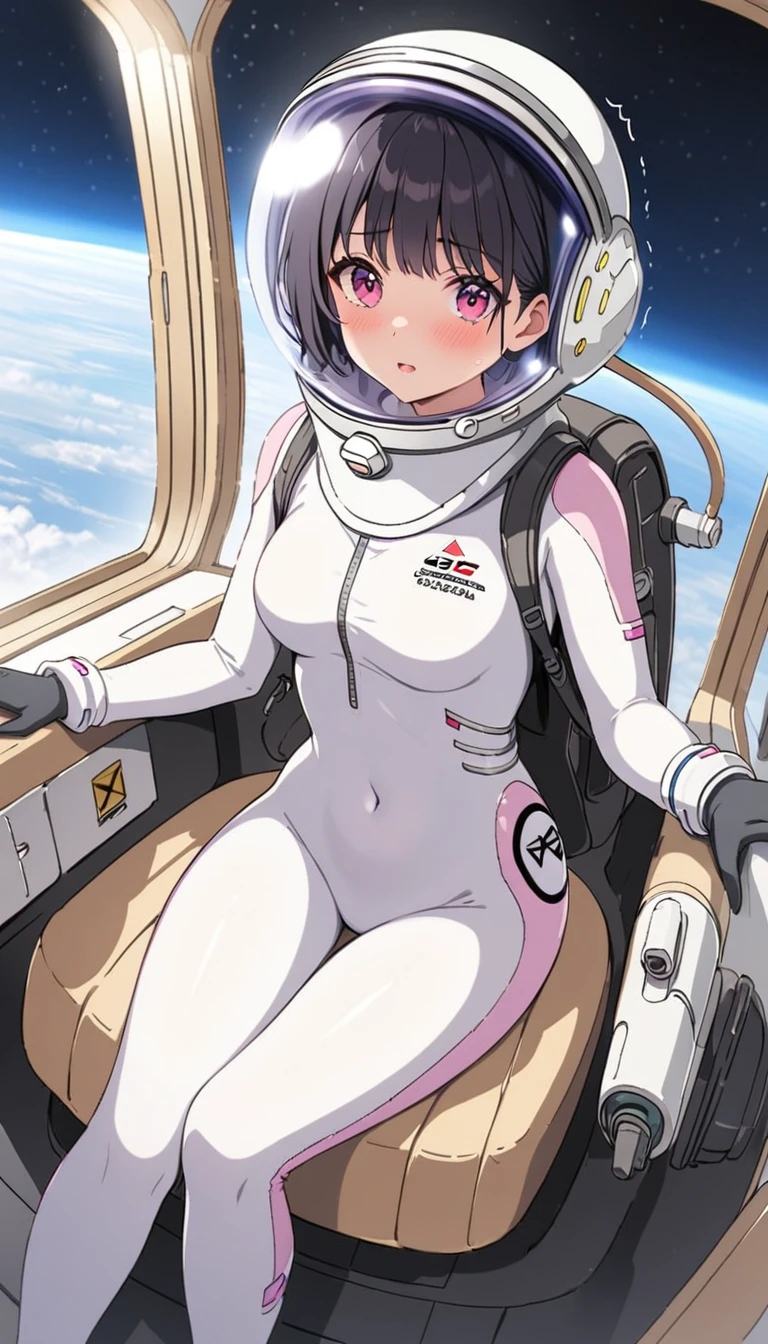 1人of女of子,Alone,short hair,(Space Suit:1.15), Black Hair Space Helmet ,whole body, indoor, masterpiece of the highest quality,  trembling, difficulty breathing, bodysuit,Lumine ,  Bubble Helmets , short hair,  backpack,gloves,blush,internal (cockpit) of (Futuristic spaceship:1.6), Sitting on narraw futuristic spacecraft cockpit seat, Covered navel, short hair