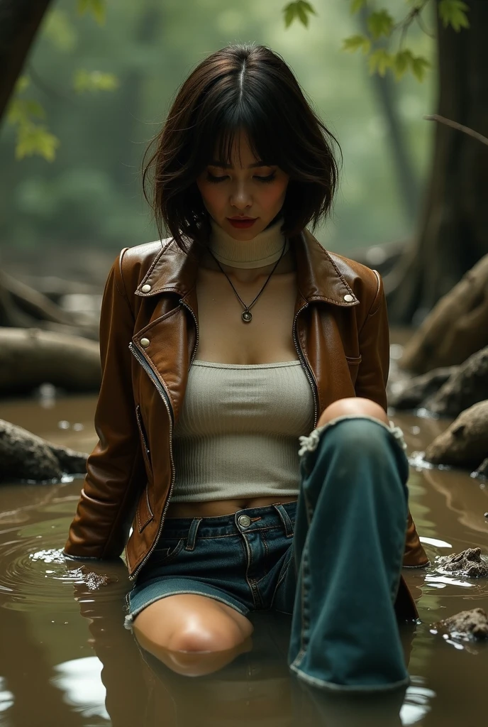 8 k,   hyper-detailed ,  fetishistic drama, social stigmatization , nymphomania illustration poster, masterpiece, vintage colors, capricious, noir,  woman completely drowned in a mud sticky swamp, expression of shame and sexual tension, Light turtleneck, faded leather jacket, tight washed dirty flared jeans, posing, mature bob-cut