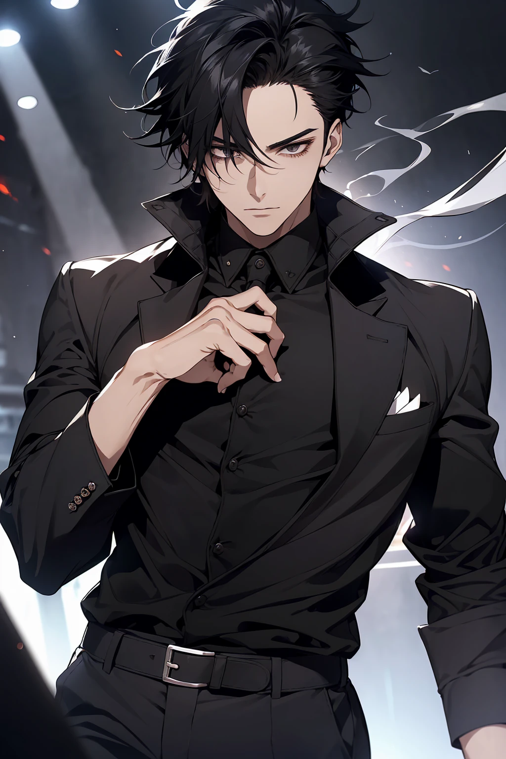 ****ung man, elegant, mysterious, lonely, attractive, spiky black hair, with a few strands of hair over his face, messy hair, smoking, smoky gray, black eyes, black shirt, black pants, smokes, night, rays of light black, background: a dark ambiguous room.
