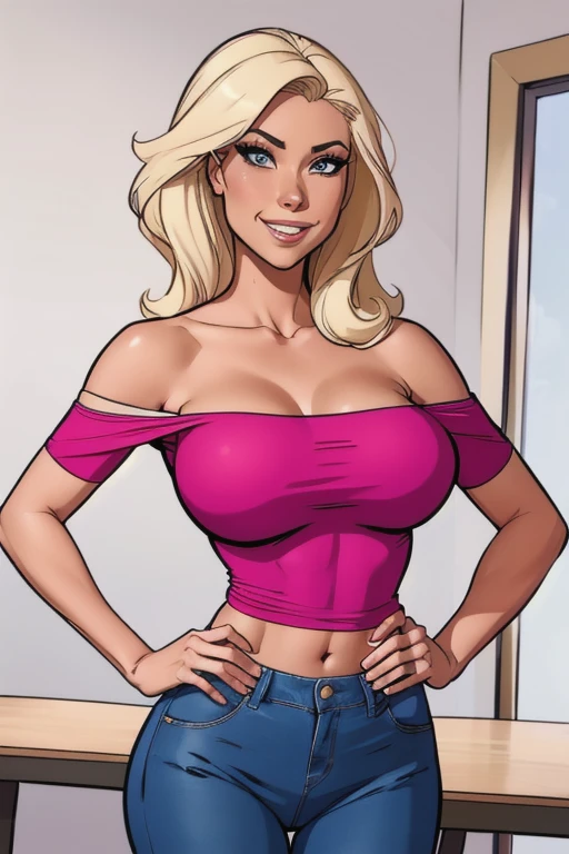 two Slim athletic women, age 45, 8k (High definition), beautiful smiling, seducing gaze, wearing a pink tank top((with off-the-shoulder neckline)), blue mom jeans, Caucasian skin, arms positioned at the side of the body, long straight light blonde hair ((at shoulder height)), standing hands on her hips, at the table ((upper body)), curvy, big round breasts, holding her cleavage in her hands. High-quality Marvel style, white background.