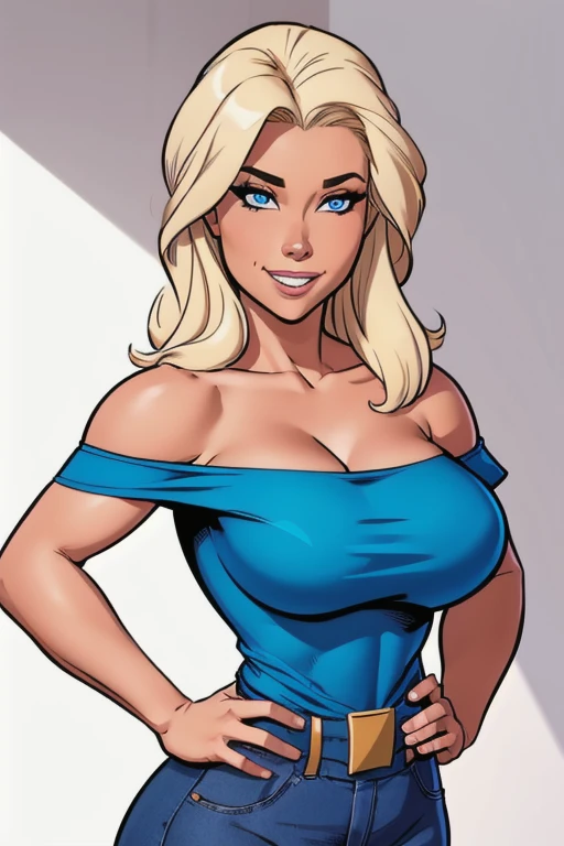 housewife woman, milf, age 45, 8k (High definition), blue eyes, beautiful smiling, seducing gaze, wearing a pink tank top((with off-the-shoulder neckline)), blue mom jeans, Caucasian skin, arms positioned at the side of the body, long straight light blonde hair ((at shoulder height)), standing hands on her hips, at the table ((upper body)), curvy, tall, thick slightly muscular body, wide hips, big round breasts, holding her cleavage in her hands. High-quality Marvel style, white background.